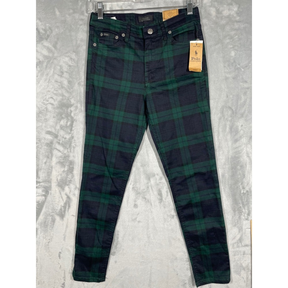 Polo Ralph Lauren Tompkins Skinny High Rise Black Watch Plaid Pants Green 16 NEW